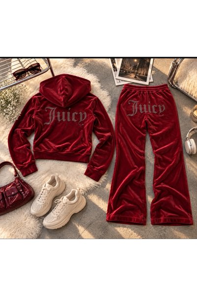 eyonnwear Women's Velvet Hooded Tracksuit Set with Stones on the Back