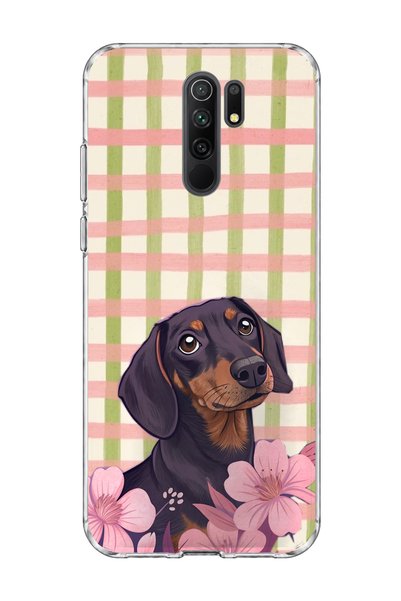 lelia Redmi 9 Compatible Sausage Dog Pink Plaid Printed Transparent Phone Case
