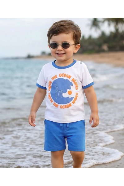 Babyoye طقم تي شيرت بأكمام نصفية وشورت من القطن 100٪ مصبوغ بالغزل مع طباعة مت...