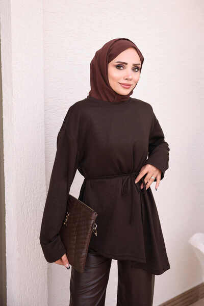 İmajButik تونيك بقصة غير متماثلة مع رباط خصر بني اللون