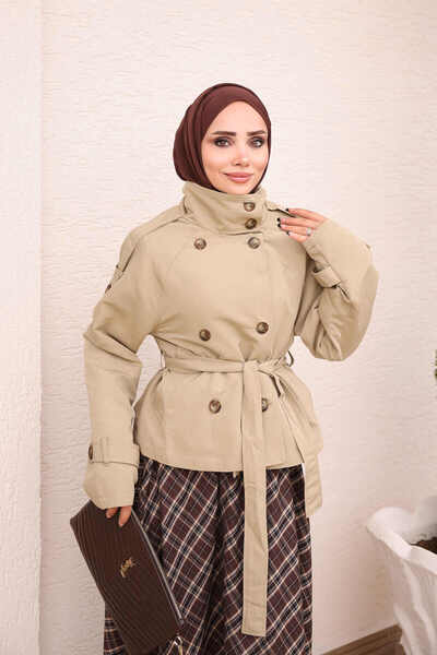 İmajButik Khaki Stand Collar Belted Lined Short Trench Coat