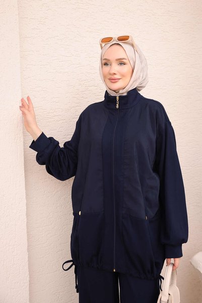 İmajButik Lacivert Dik Yaka Garnili Tunik Pantolonlu Takım