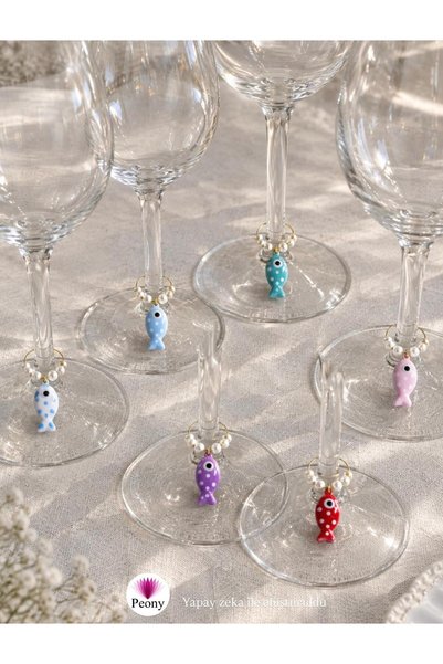 PEONY peonyofficiall Deniz Temalı Kadeh Süsü 6'lı Kadeh İşaretleyici Set Gold Renkli Seramik Balık Wine Charm
