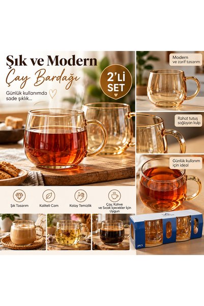 Genel Markalar 2'li Amber Renkli Cam Kupa Seti – Kulplu Modern Çay ve Kahve B...