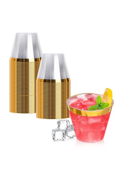 Generic 50PCS 9oz Gold Plastic Cups for Party, Reusable Gold Rim Cups, Plasti...