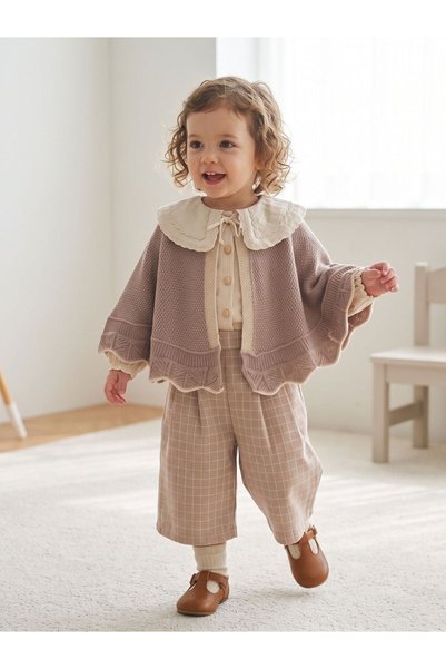 Cherrys Bebek Linen Shirt, Knitwear Cape and Plaid Trousers 3-Piece Girls' Set