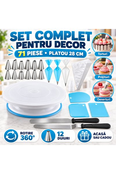 iTin Set cofetarie 71 piese, platou rotativ 28 cm, 12 duiuri, posuri si spatu...