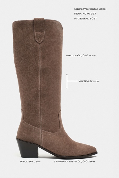 NİŞANTAŞI SHOES Utah Dark Beige Suede Leather Pointed Toe Thick Heel Women's Dallas Boots