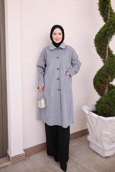 İmajButik معطف أنجورا رمادي اللون بأزرار وجيوب