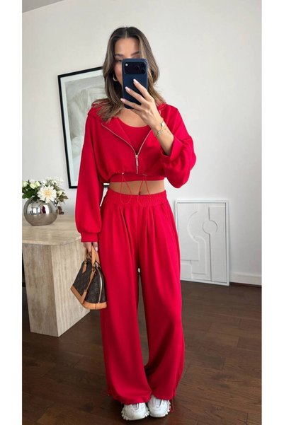 ZF BUTİK Set de trei piese: hanorac crop cu glugă și pantaloni cu croi larg