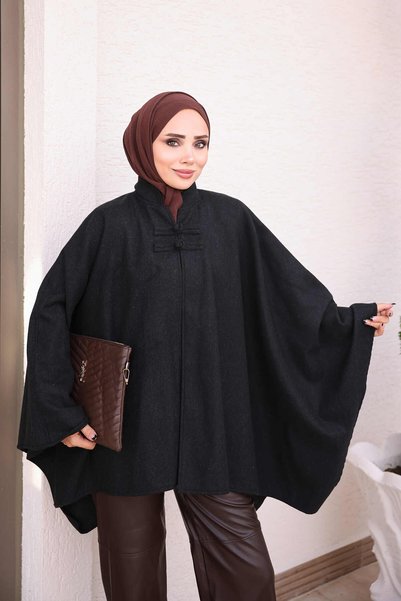 İmajButik معطف كشمير أسود بتفاصيل عقدة صينية
