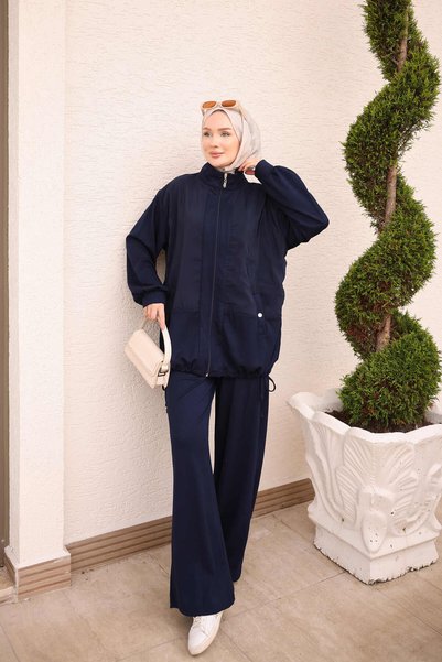 İmajButik Lacivert Dik Yaka Garnili Tunik Pantolonlu Takım