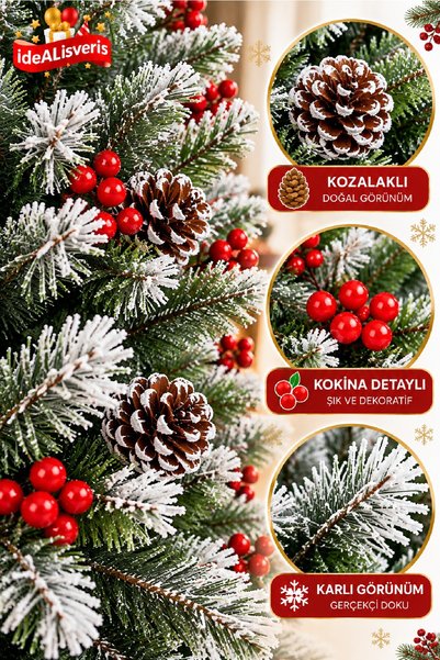 Bkmc Kendinden Karlı Kozalaklı Kokinalı Lüks Yılbaşı Ağacı 200 cm 1340 Dal Kozalaklı Kokinalı Yapay Çam Ağacı