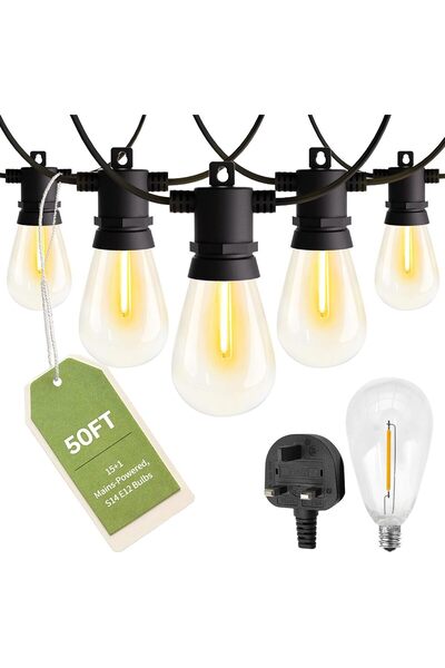 Generic سلسلة أضواء LED خارجية بطول 15.2 متر تعمل بالكهرباء، تحتوي على 15+1 م...
