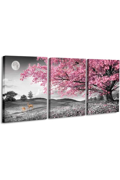 Generic Tree with Pink Leaves Wall Art Paintings on Black and White Canvas Tr...