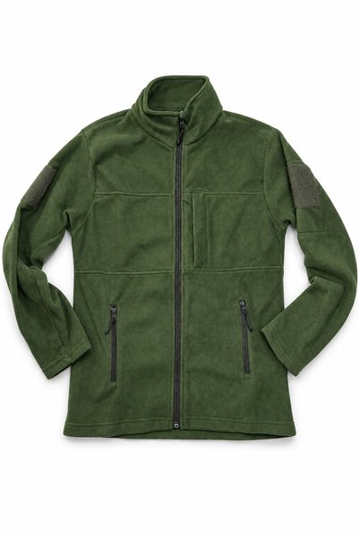 Port Khaki Green Fleece Coat with Full Zipper, Stand Collar, Pockets and Velc...