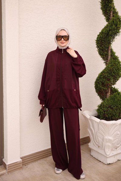 İmajButik Plum Color Stand Collar Garnished Tunic and Trousers Set