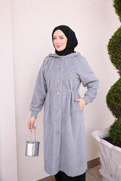 İmajButik Gray Waist Stopper Elastic Hooded Long Fox Coat