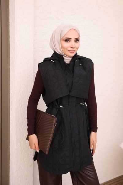 İmajButik Black Elastic Waist Quilted Pocket Vest