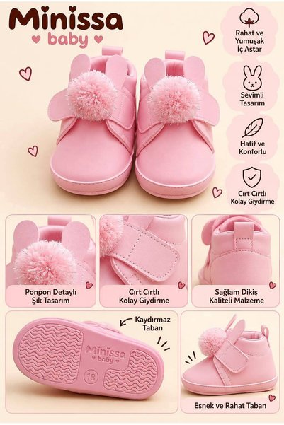 Minissa Leather Baby First Step Shoes, Flexible and Comfortable Sole, Pompom ...