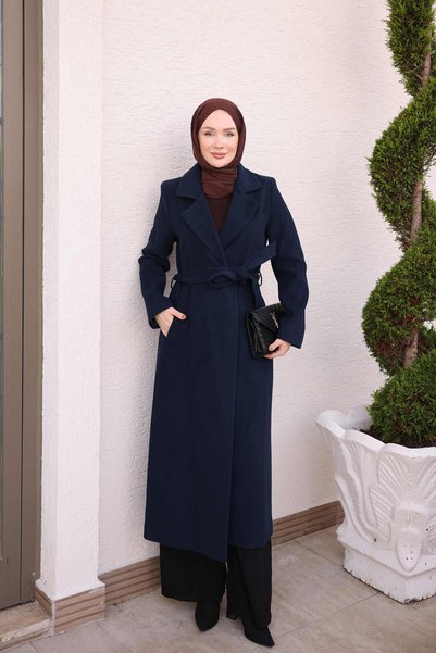 İmajButik معطف طويل باللون الأزرق الداكن مع حزام خصر