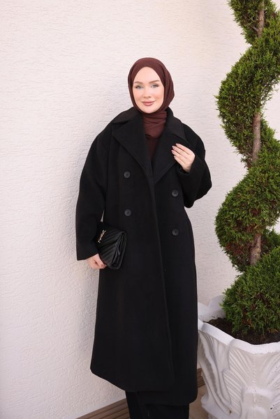 İmajButik معطف أسود مزدوج الصدر مبطن بياقة وحزام خصر