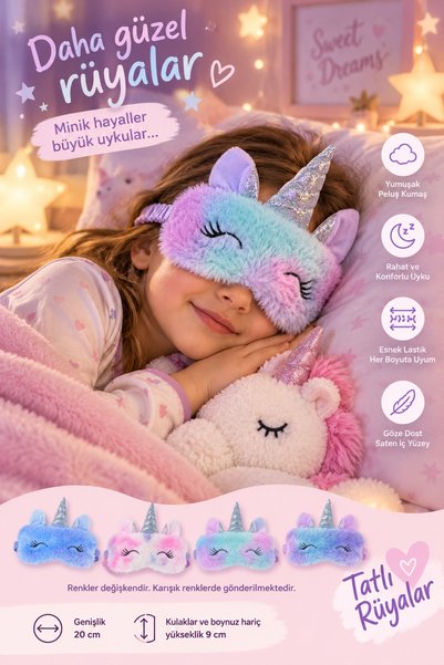 Binbirreyon Unicorn Uyku Göz Bandı Peluşlu Yumuşak Saten İç Astarlı 20x9cm Gö...