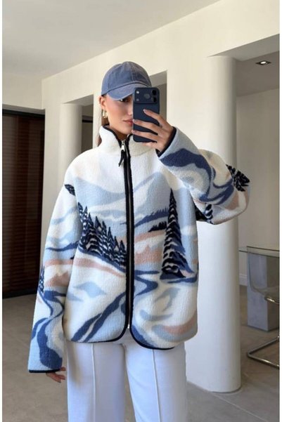 Olbia Women's White Blue Patterned Fleece Jacket with Zipper Pockets