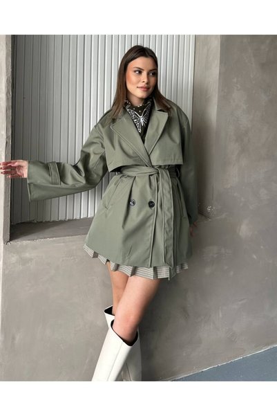 Bella Breeze معطف نسائي قصير ذو ياقة مزدوجة وحزام وأزرار، كبير الحجم ومناسب ل...