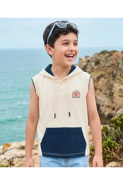 Pine kids Cotton Knit Sleeveless Hooded T-Shirt Beach Theme Print - Cream & N...