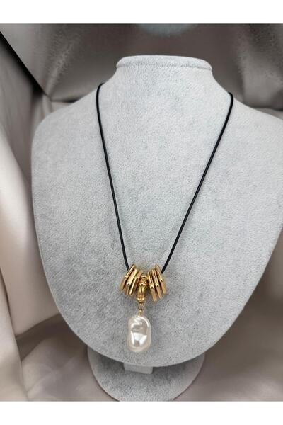 ZS Aksesuar Black Cord with Gold Color Geometric Metal Detail Baroque Pearl P...