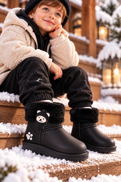 Tonny Black Çocuk Unisex Siyah Kürk Detaylı Su Geçirmez Yağmur Bot