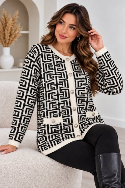 EMR Online Women's Soft Textured Knitwear Cardigan with Geometric Pattern and Gold Buttons
