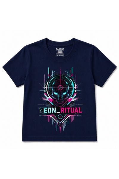 Rabona Fashion Neon Ritual – Cyberpunk Skull Futuristic Graphic Kids T-Shirt