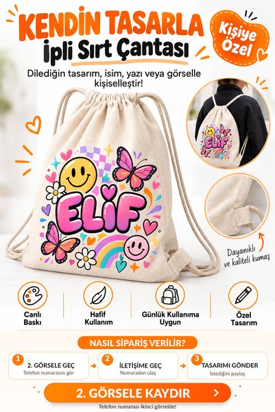 Morinna Kişiye Özel Kendin Tasarla İpli Bez Çanta Baskılı Büzgülü Keten Sırt Çantası – MR-01