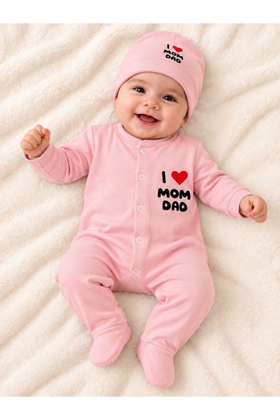 chic try unique I Love Mom Dad Printed Baby Rompers with Hats and Booties Set...