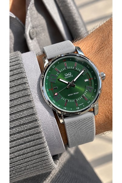 Q&Q Gray Silicone Strap, Green Dial, in Stylish Box, Men's Wristwatch+Bracelet