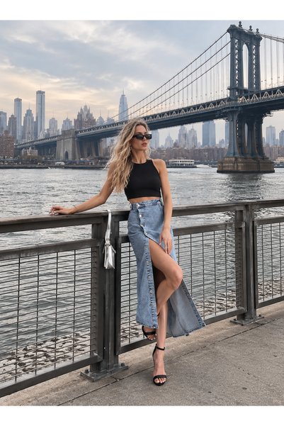 Swet Shop Jeans Women's Buttoned Front Maxi Length Lycra Denim Skirt
