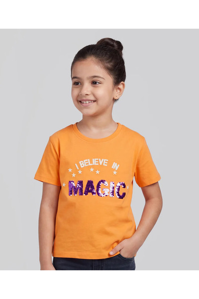 Pine kids تي شيرت قطني محبوك بتفاصيل من الترتر - برتقالي متوفر عبر الإنترنت ف...