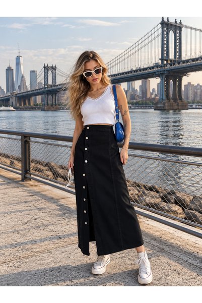 Swet Shop Jeans Women's Buttoned Front Maxi Length Lycra Denim Skirt