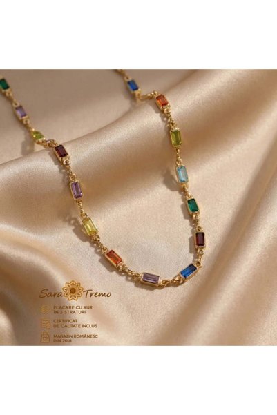 SaraTremo Colier Chromia cu cristale dreptunghiulare multicolore, placat cu a...