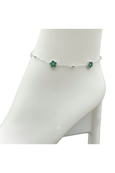 ElectraStore Silver Anklet With Green Flowers - C4055