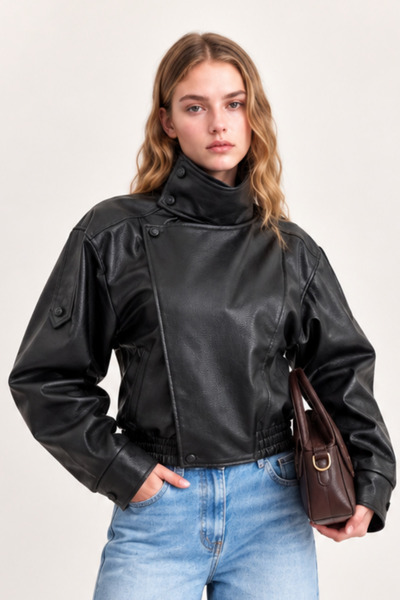 XRAY JEANS Jachetă de damă supradimensionată din piele neagră cu guler înalt