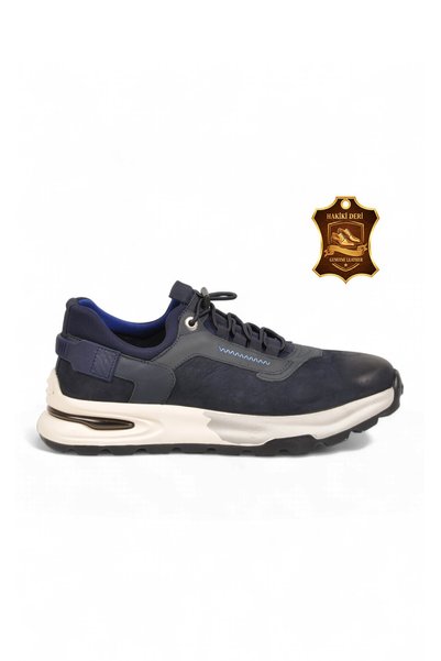 KOMCERO Rubber Sole Rubber Laces Navy Blue Genuine Leather Men's Casual Shoes...