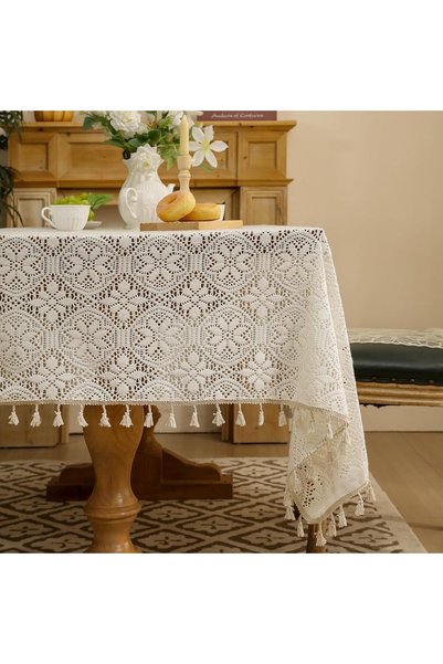Generic Table Cloths, Embroidered Crochet Tablecloth, Boho Rectangle Table Co...