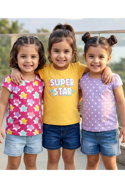 Baby Hug تيشيرتات قطنية محبوكة بأكمام قصيرة من بيبي هاج بنقاط البولكا وطبعة ز...