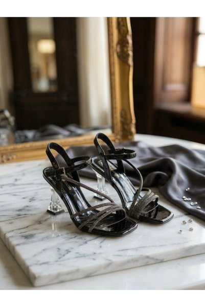 EFELER COLLECTİON16 Kadın Taşlı Şeffaf Topuklu terlik sandalet Şık Abiye Dave...