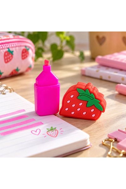 ANTBRO Mini Evidențiator Roz cu Capac în Formă de Căpșună 6, 5cm, Marker Comp...