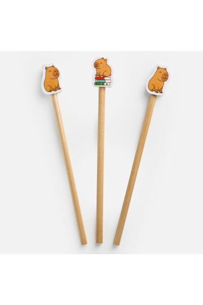 ANTBRO Set 3 Creioane Fancy din Lemn Natur cu Radieră Model Capybara, Fără Ft...