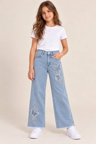 Genel Markalar Kız Çocuk Jeans Kelebek Taşlı Mavi Düz Paça Esnek Likralı Kot ...